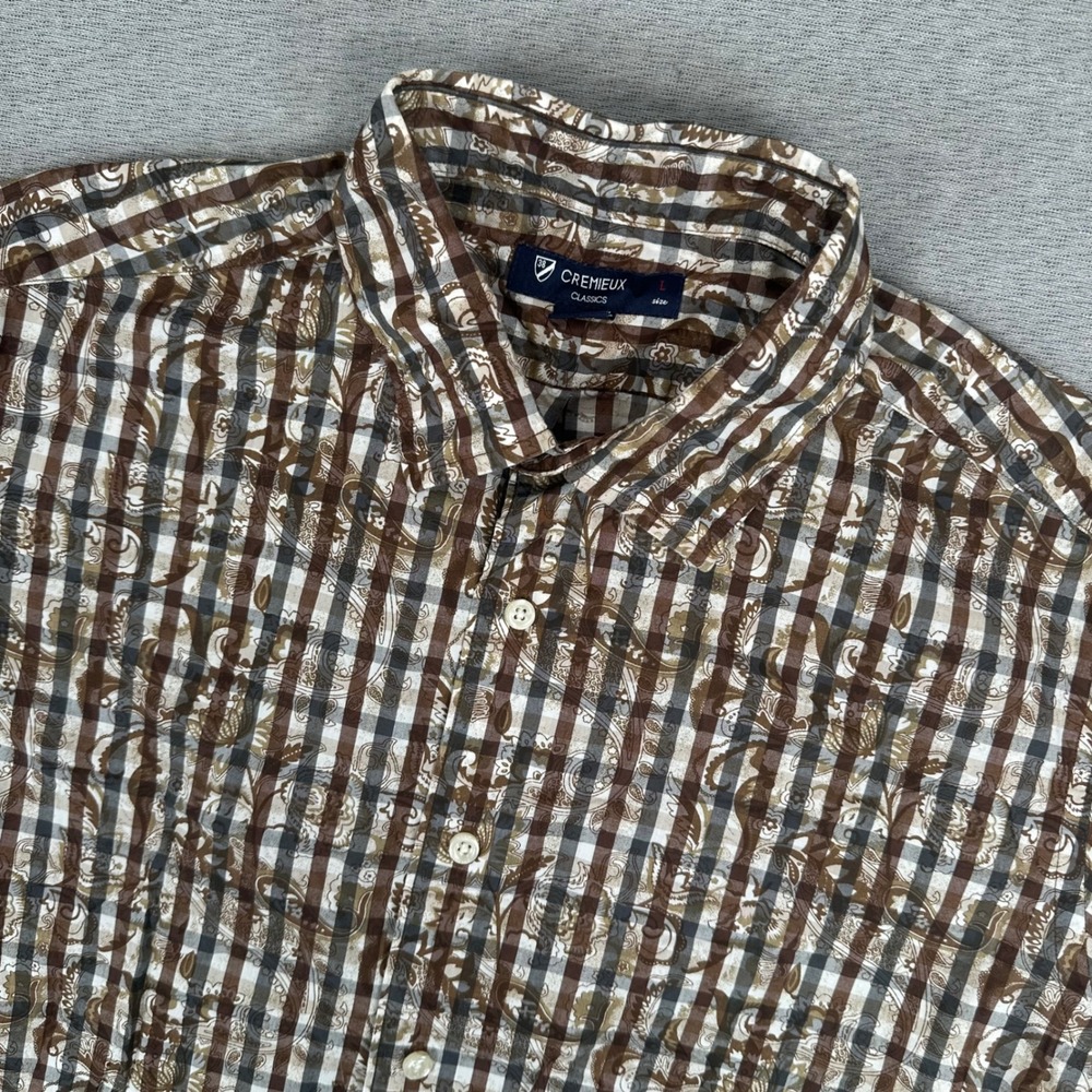 Cremieux Classics Shirt Mens Large Brown Gingham Paisley Short Sleeve Cotton AOP